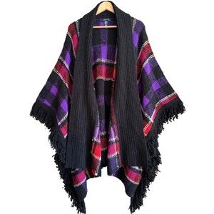 LAUREN RALPH LAUREN Boho Colorful Chunky Western Plaid Fringe Cozy Poncho Sz OS